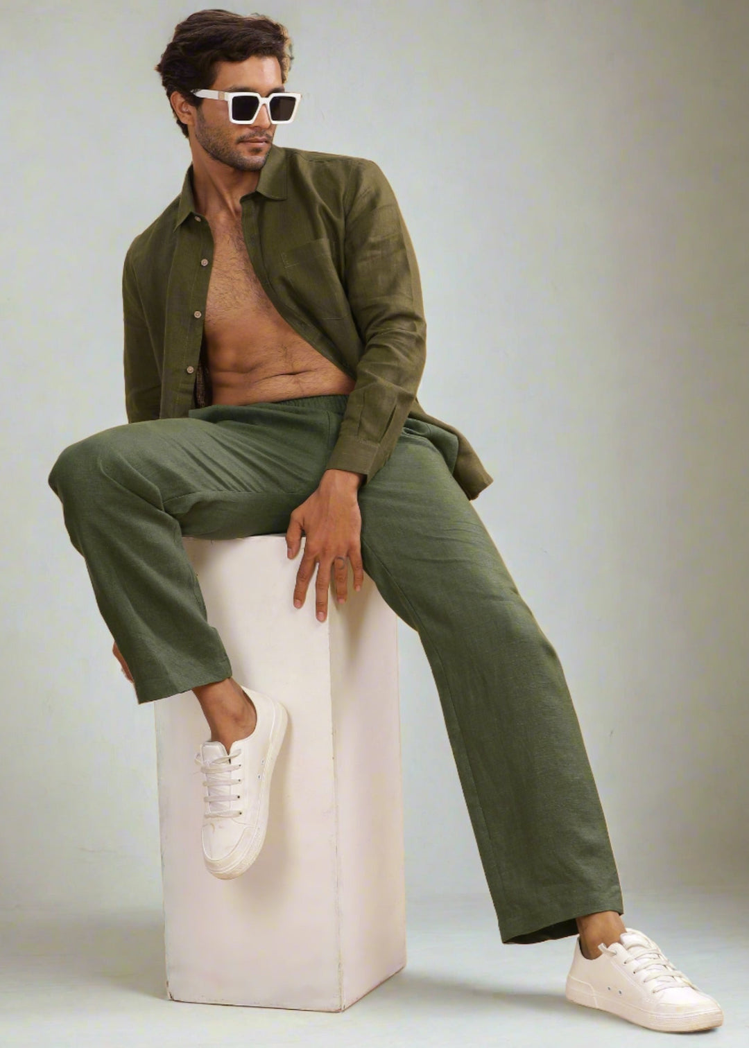 Military Green Pure Linen Casual Pants for Men Linen Trail Military Green Pure Linen Casual Pants for Men Linen Trail