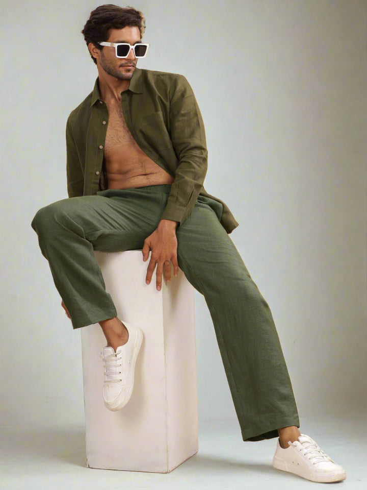 Breeze- Linen Casual Elastic Pants - Military Green