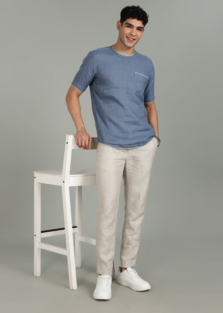 Bryn - Pure Linen Piping Detail T-Shirt with Pocket - Blue Grey