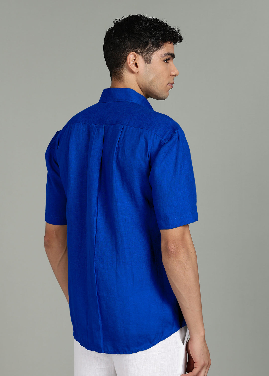 Cade - Pure Linen Shirt with Back Box Pleat - Egyptian Blue