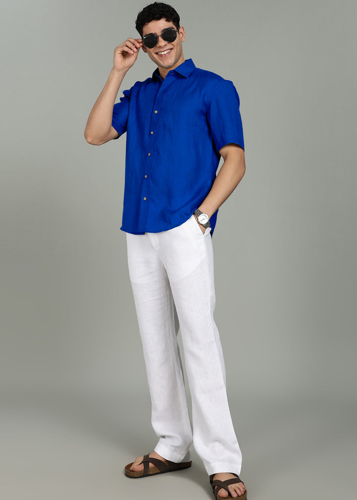 Cade - Pure Linen Shirt with Back Box Pleat - Egyptian Blue