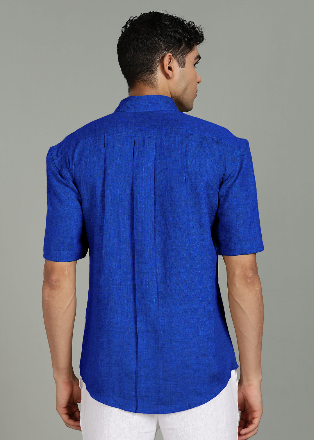 Cade - Pure Linen Shirt with Back Box Pleat - Egyptian Blue