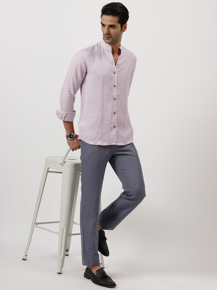 Craig - Pure Linen V Neck Full Sleeve Shirt - Light Lilac Pink