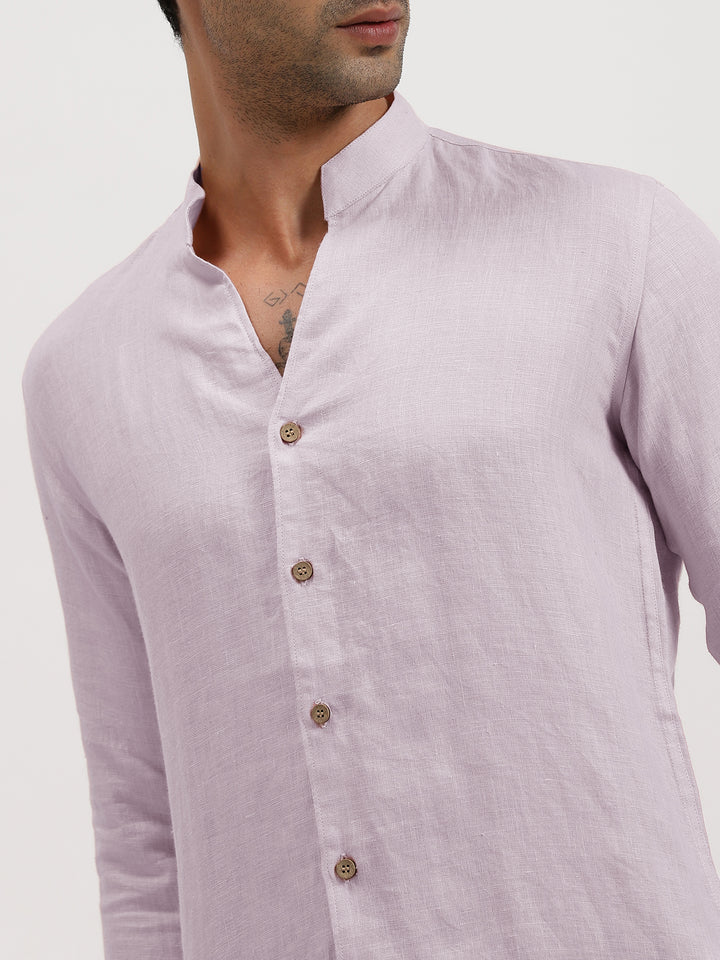 Craig - Pure Linen V Neck Full Sleeve Shirt - Light Lilac Pink