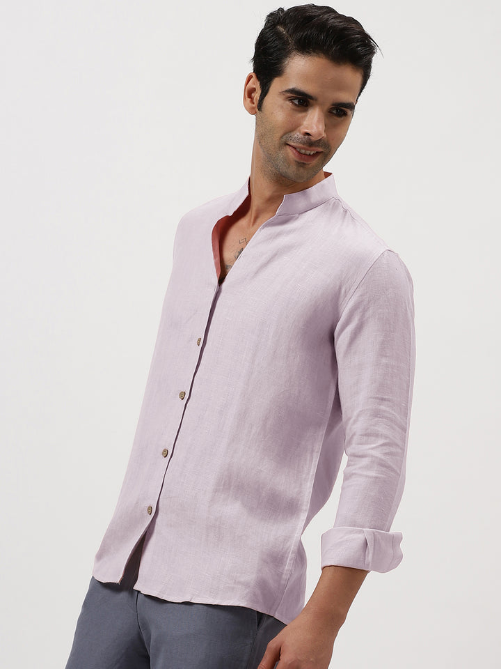 Craig - Pure Linen V Neck Full Sleeve Shirt - Light Lilac Pink