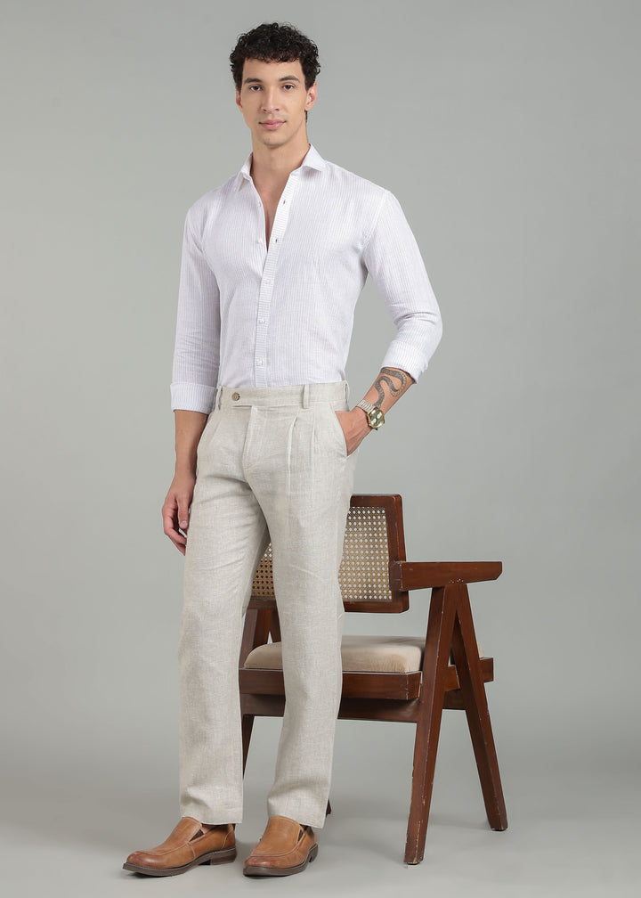 Camden - Pure Linen Full Sleeve Shirt with Asymmetrical Yoke - Brown Pinstripe