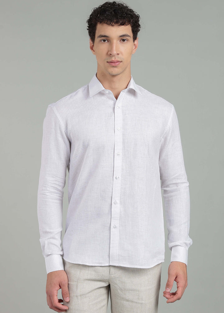 Camden - Pure Linen Full Sleeve Shirt with Asymmetrical Yoke - Brown Pinstripe