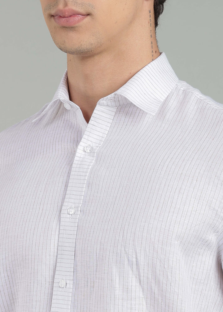 Camden - Pure Linen Full Sleeve Shirt with Asymmetrical Yoke - Brown Pinstripe