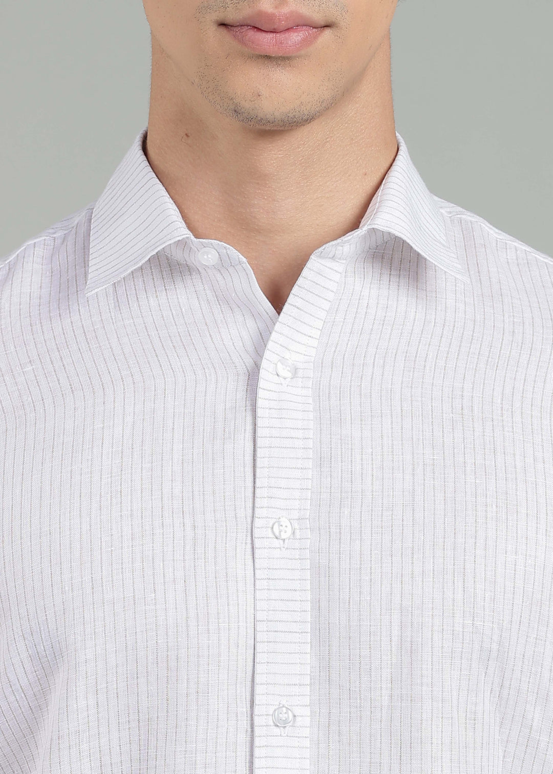 Camden - Pure Linen Full Sleeve Shirt with Asymmetrical Yoke - Brown Pinstripe