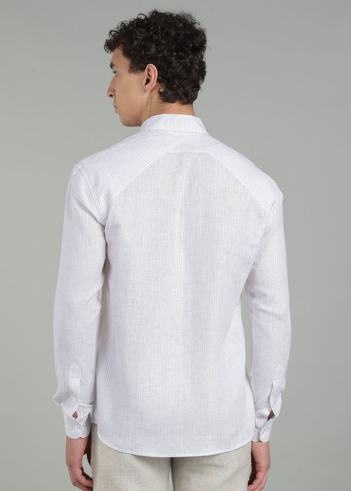 Camden - Pure Linen Full Sleeve Shirt with Asymmetrical Yoke - Brown Pinstripe