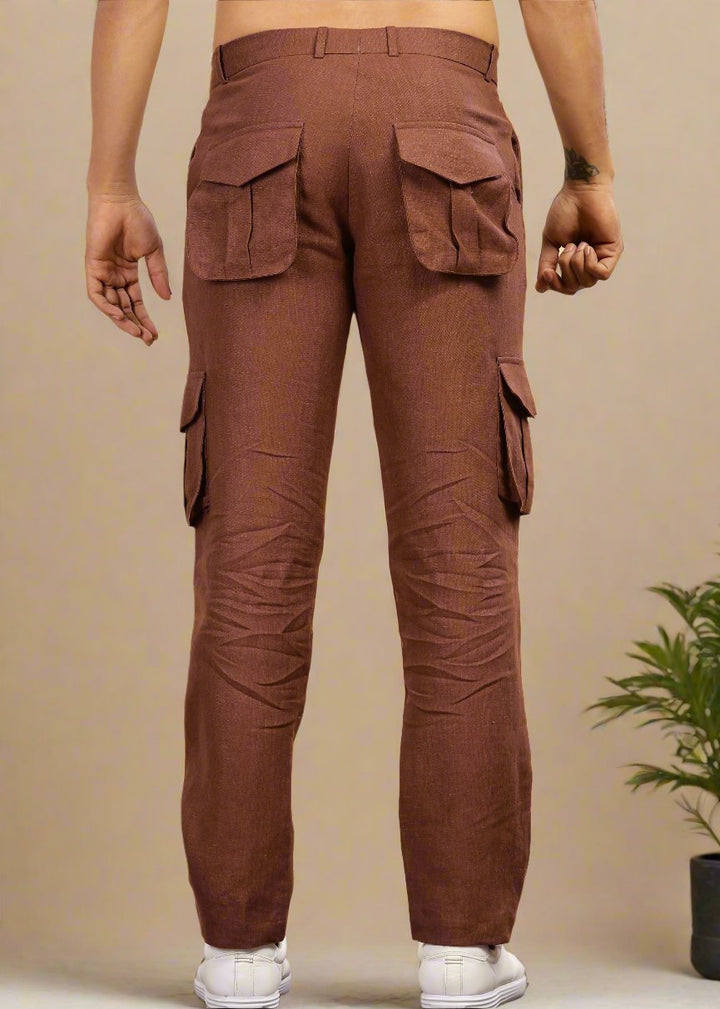 Linen Cargo Pants For Men - Amber Brown