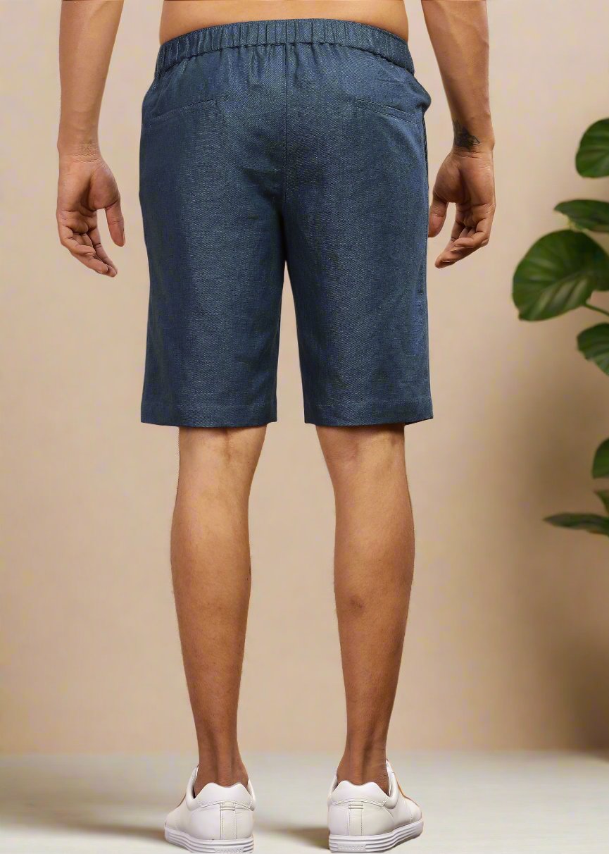 Chad - Pure Linen Shorts With Elastic Band & Zipper - Deep Sea Blue