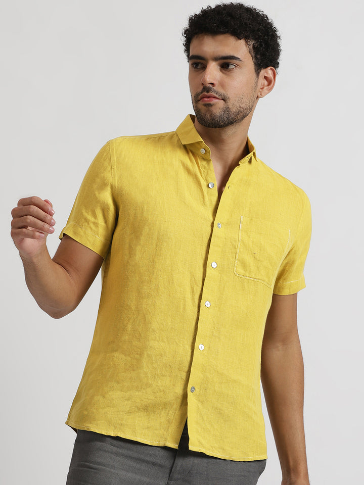 Charles - Pure Linen Half Sleeve Shirt - Sunburst Yellow