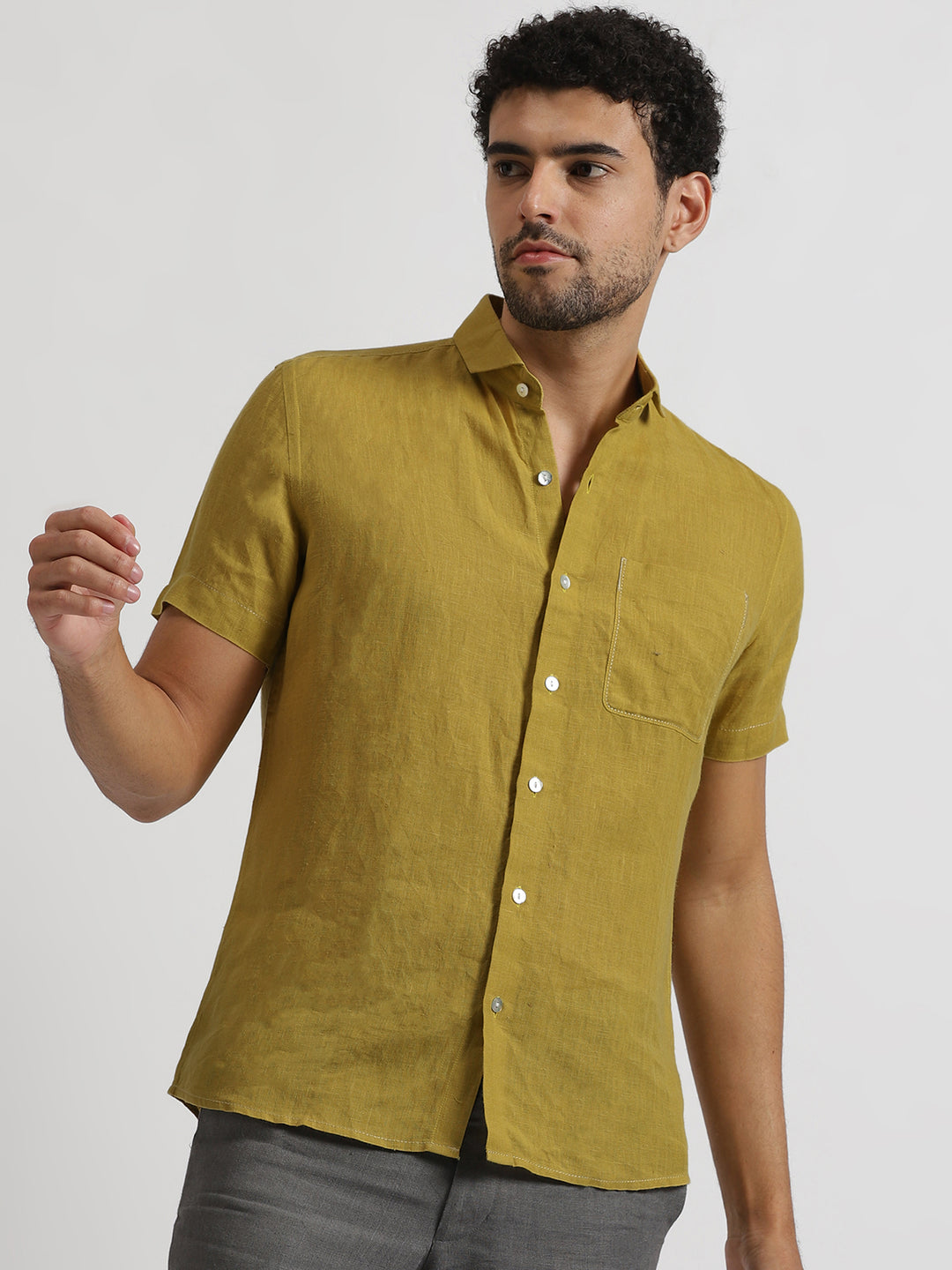 Charles - Pure Linen Half Sleeve Shirt - Sunburst Yellow (Factory Rescue)