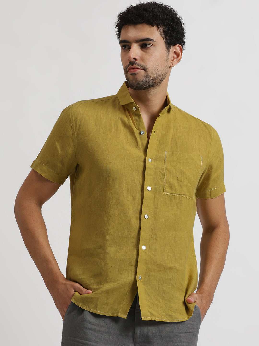 Charles - Pure Linen Half Sleeve Shirt - Sunburst Yellow (Factory Rescue)