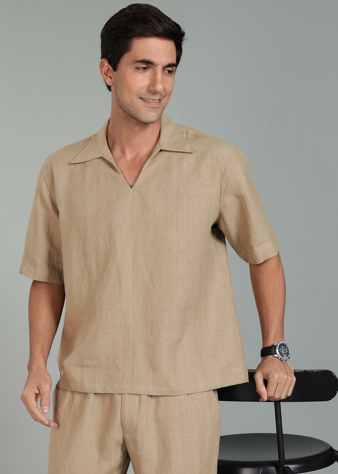 Cole Pure Linen T-Shirt with Ivo Pant Set - Light Hazelnut Brown