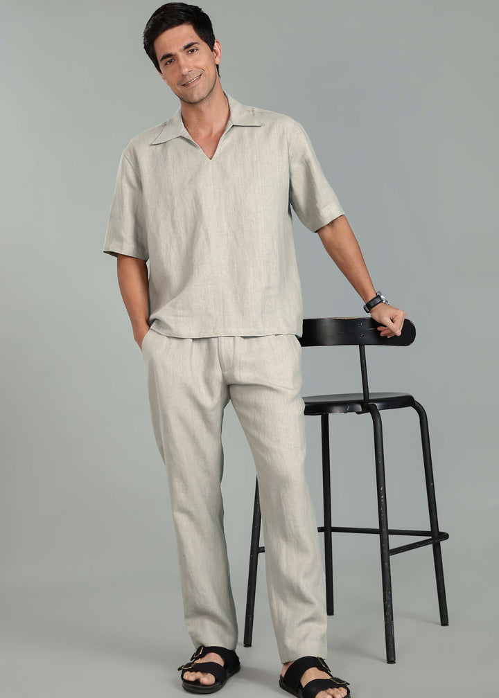 Ivo -  Pure Linen Casual Relaxed Elastic Pants - Powder Blue