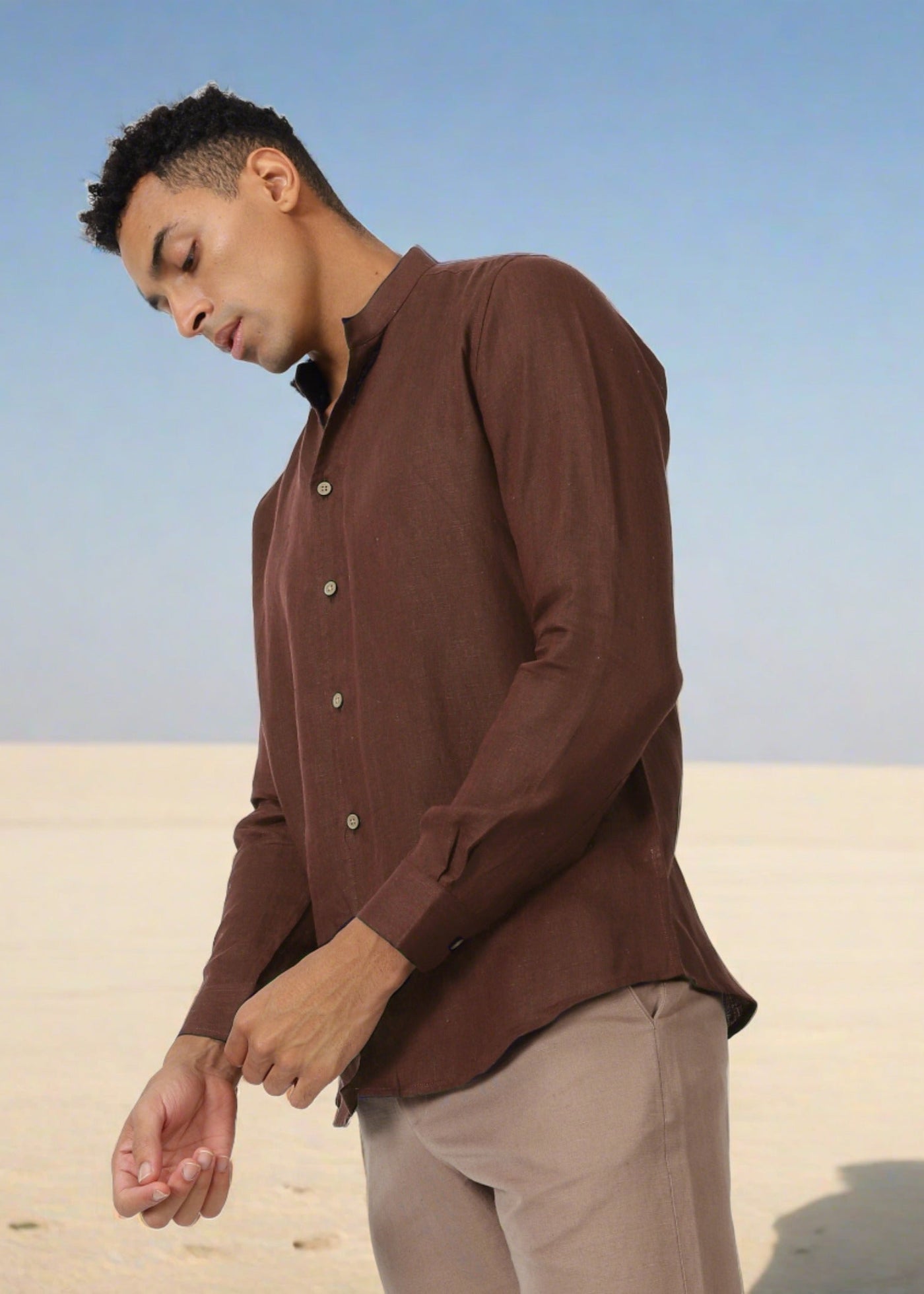 Craig - Pure Linen V Neck Full Sleeve Shirt - Coffee Brown