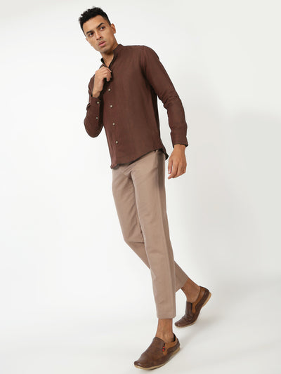 Craig - Pure Linen V Neck Full Sleeve Shirt - Coffee Brown