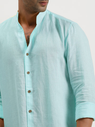 Craig - Pure Linen V Neck Full Sleeve Shirt - Cyan Blue