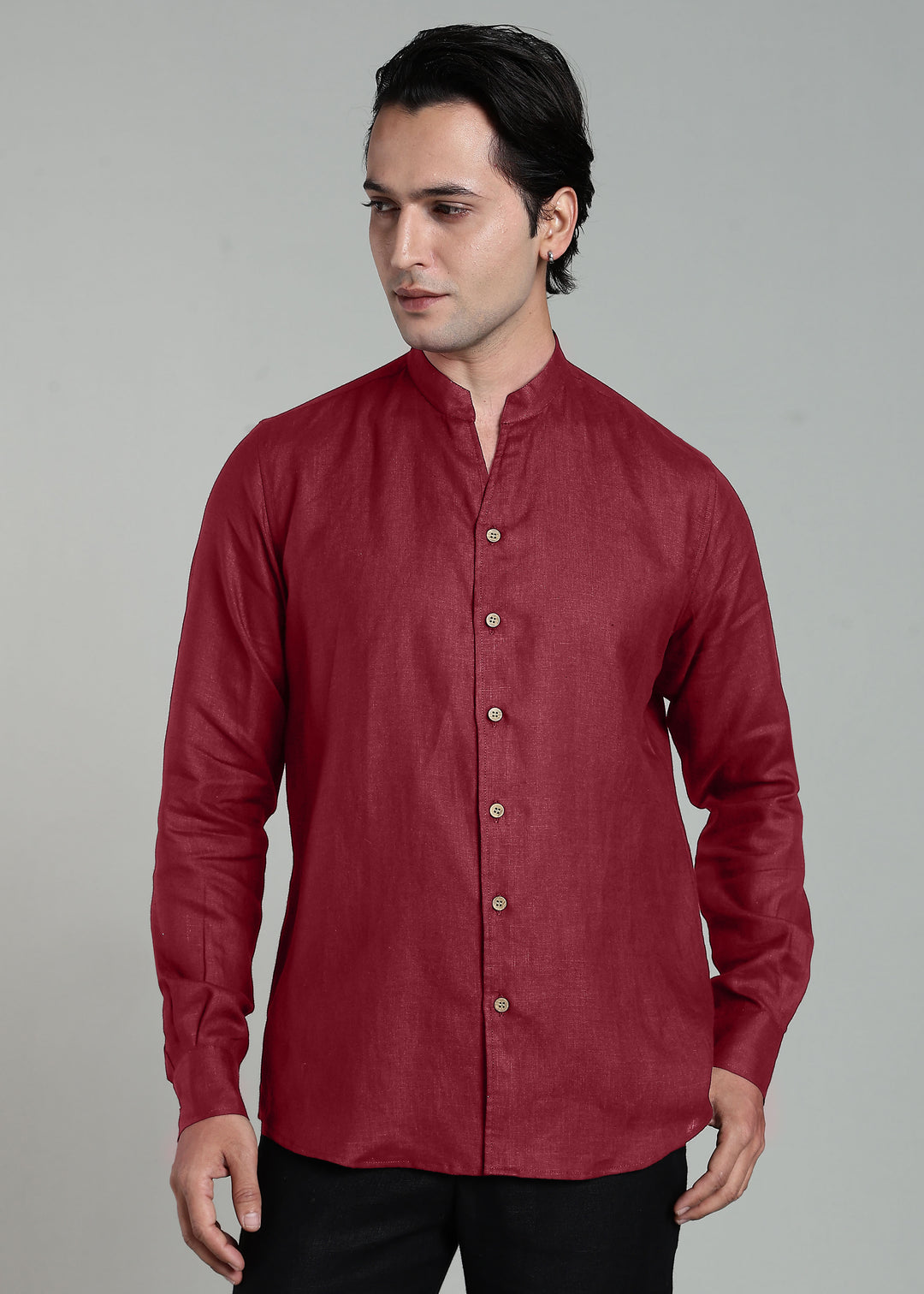 Craig - Pure Linen V Neck Full Sleeve Shirt - Red Wine