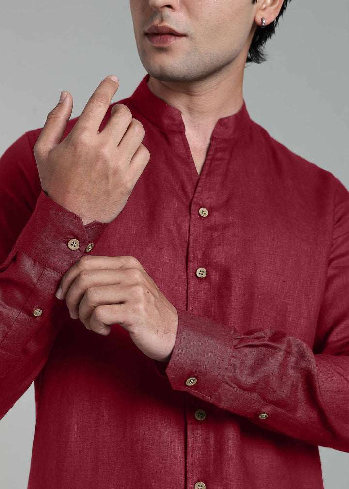 Craig - Pure Linen V Neck Full Sleeve Shirt - Red Wine