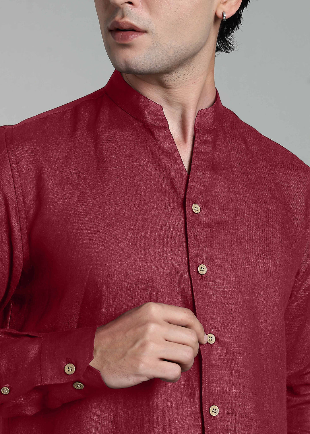 Craig - Pure Linen V Neck Full Sleeve Shirt - Red Wine