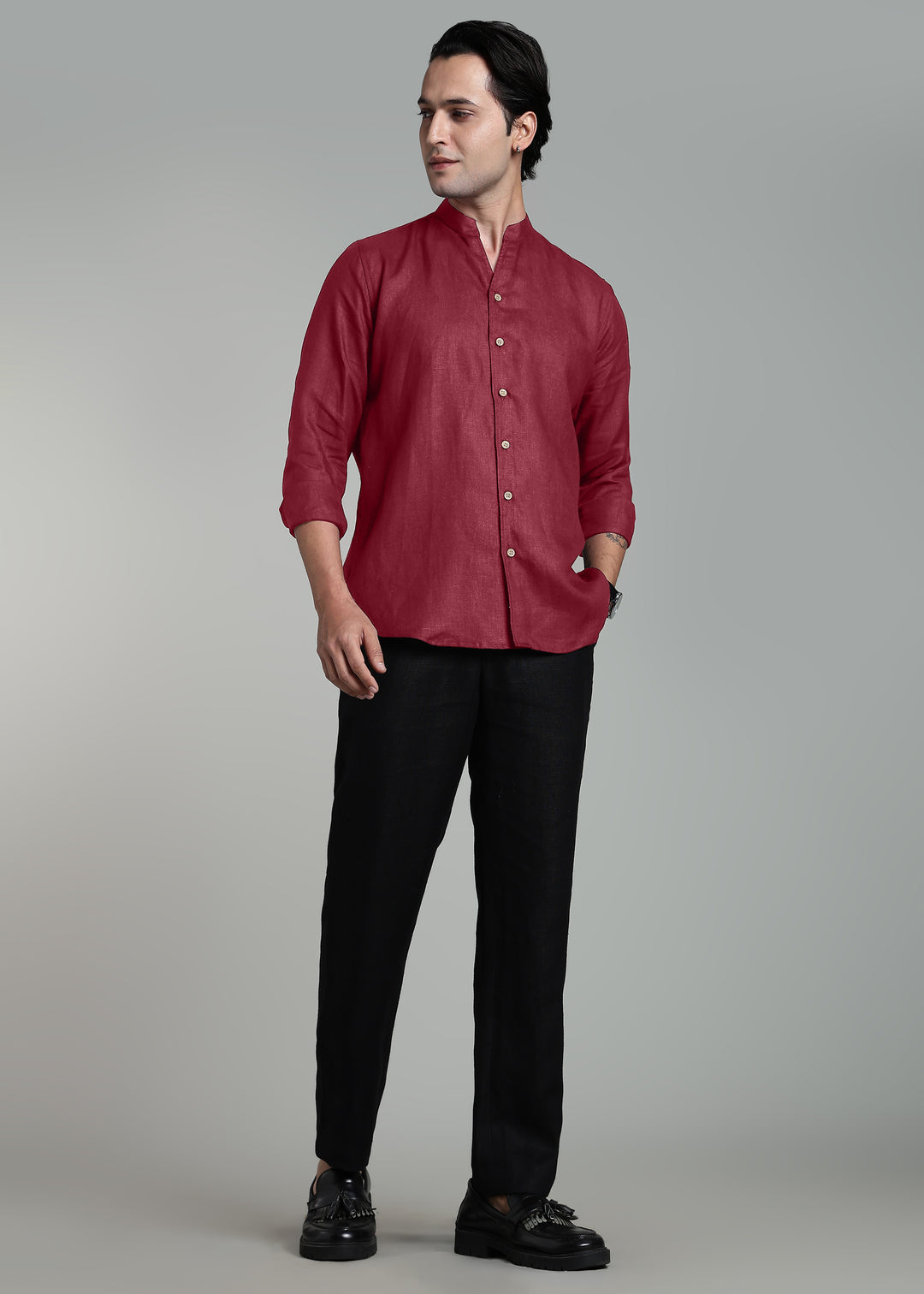 Craig - Pure Linen V Neck Full Sleeve Shirt - Red Wine