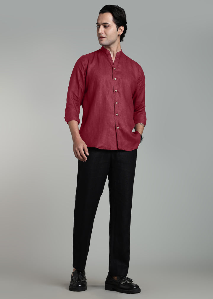 Craig - Pure Linen V Neck Full Sleeve Shirt - Red Wine
