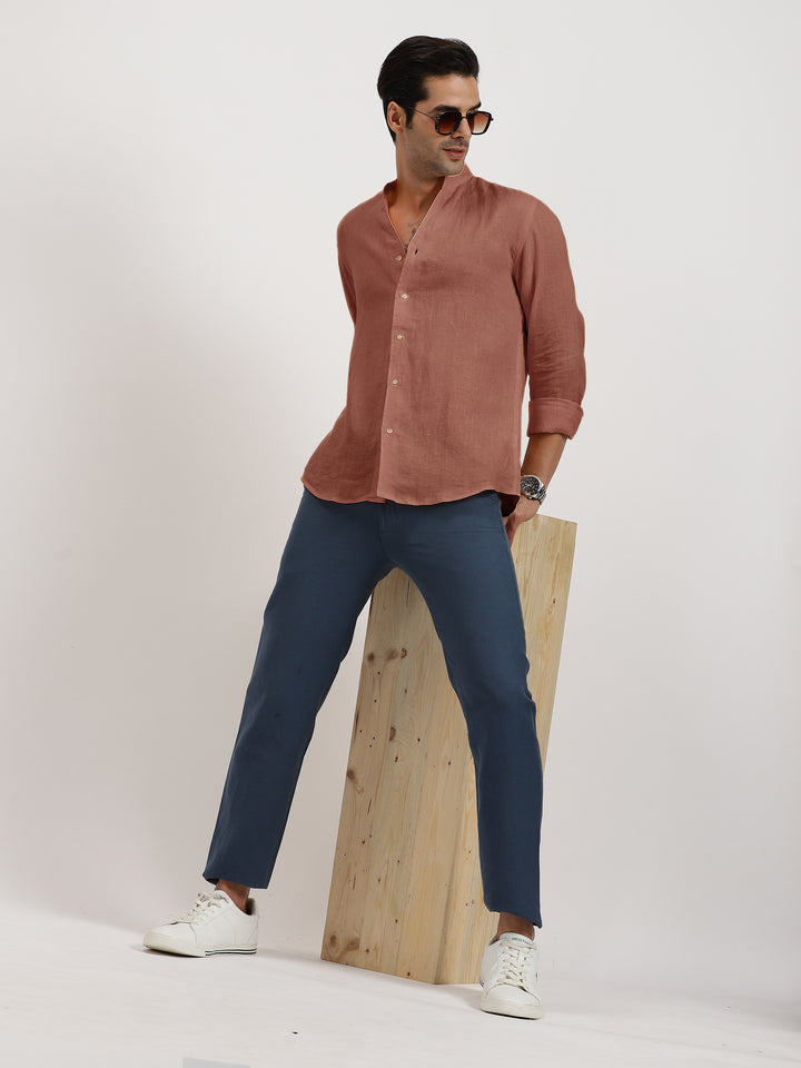 Craig - Pure Linen V Neck Full Sleeve Shirt - Fondue Pink