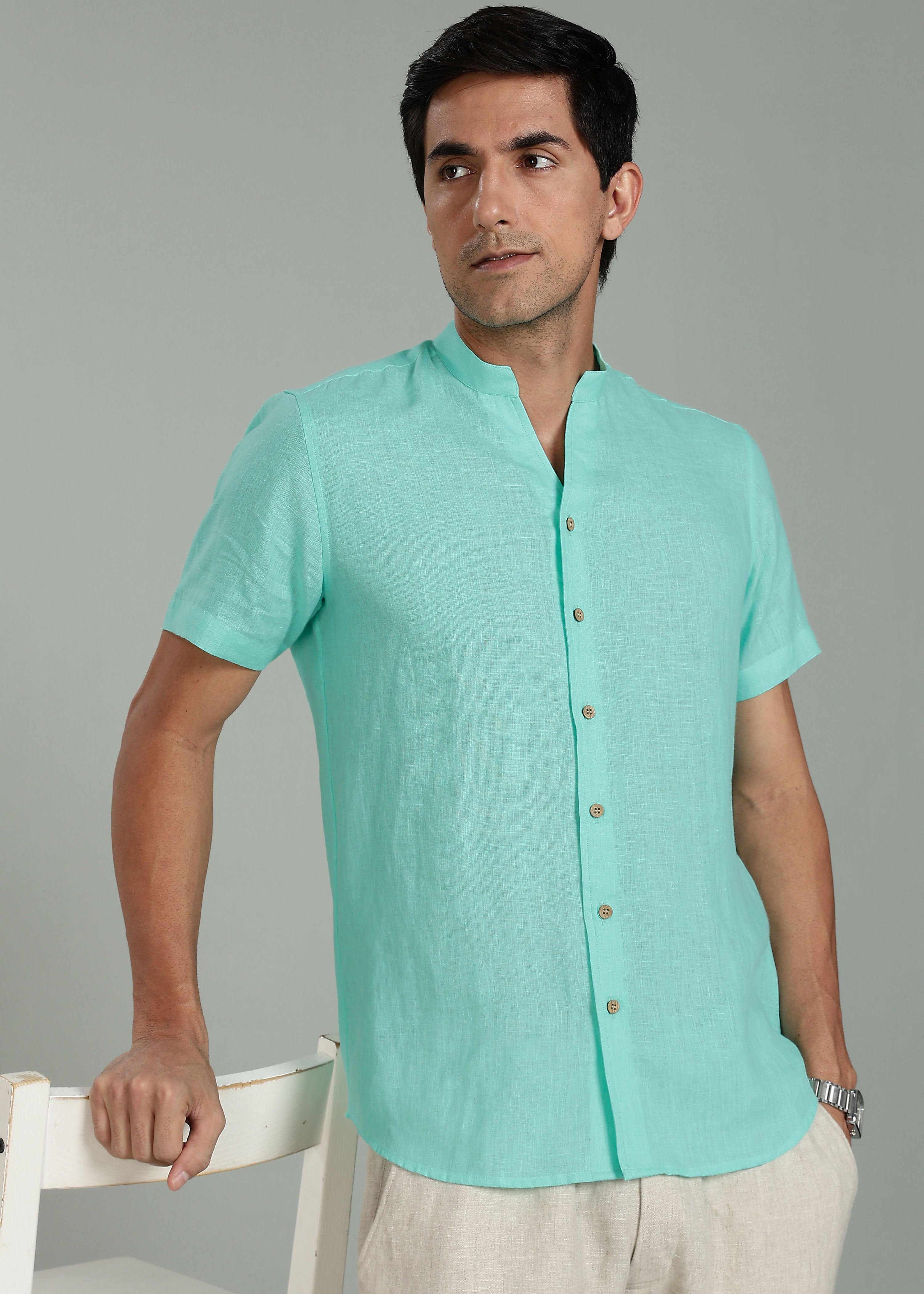 Glacier Green V Neck Mandarin Collar Pure Linen Short Sleeve Shirt