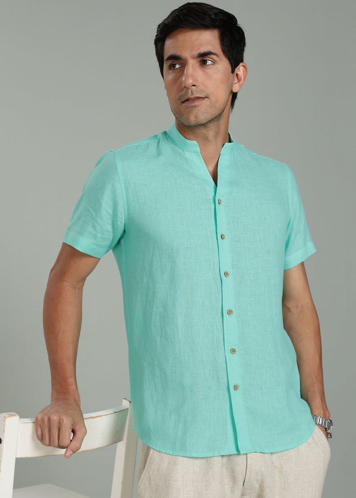 Craig 100% Pure Linen Short Sleeve Shirt in Glacier Green with V Neck Mandarin Collar crafted in 60 LEA