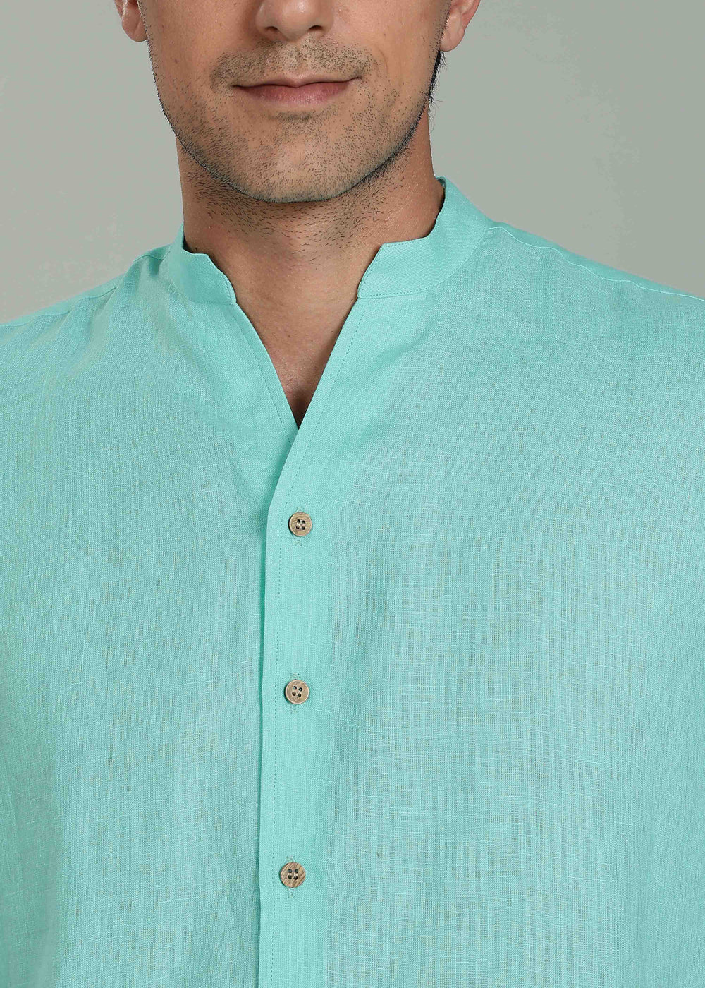 Craig 100% Pure Linen Short Sleeve Shirt in Glacier Green with V Neck Mandarin Collar crafted in 60 LEA
