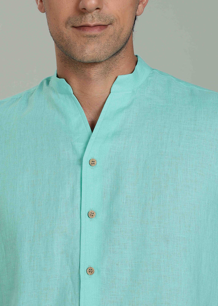 Craig 100% Pure Linen Short Sleeve Shirt in Glacier Green with V Neck Mandarin Collar crafted in 60 LEA
