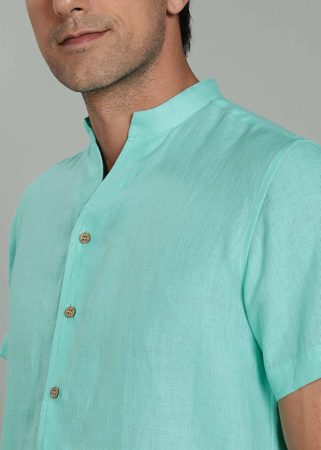 Craig 100% Pure Linen Short Sleeve Shirt in Glacier Green with V Neck Mandarin Collar crafted in 60 LEA