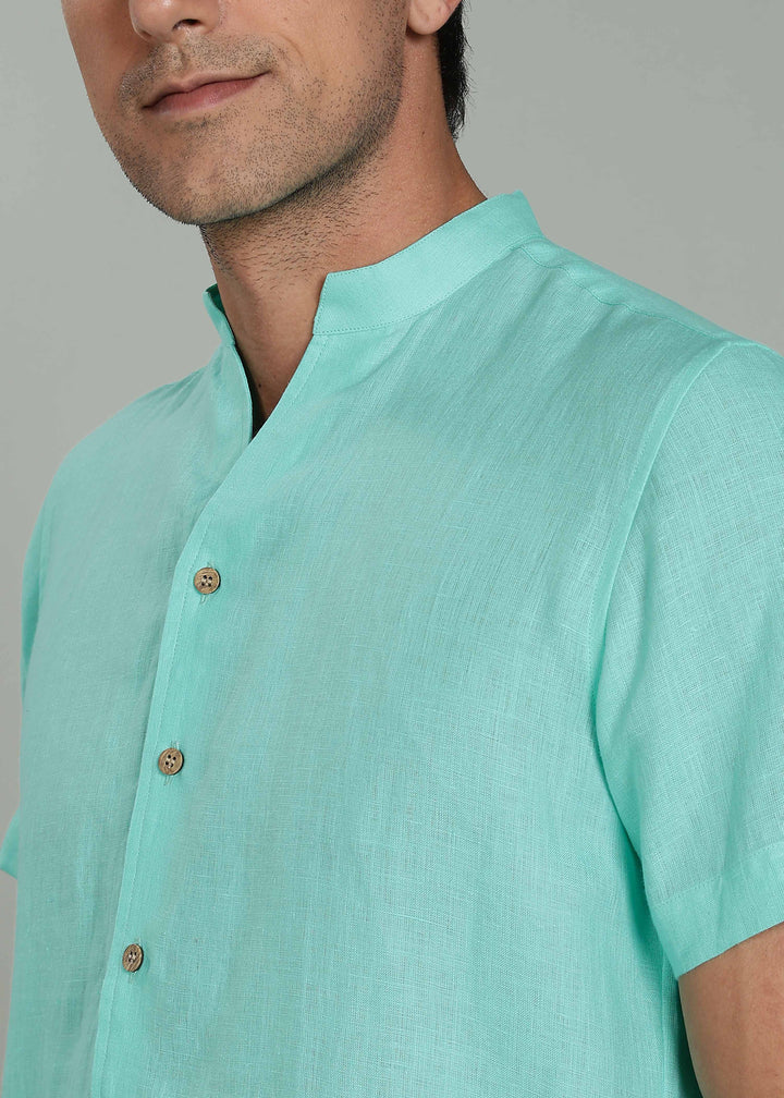 Craig 100% Pure Linen Short Sleeve Shirt in Glacier Green with V Neck Mandarin Collar crafted in 60 LEA