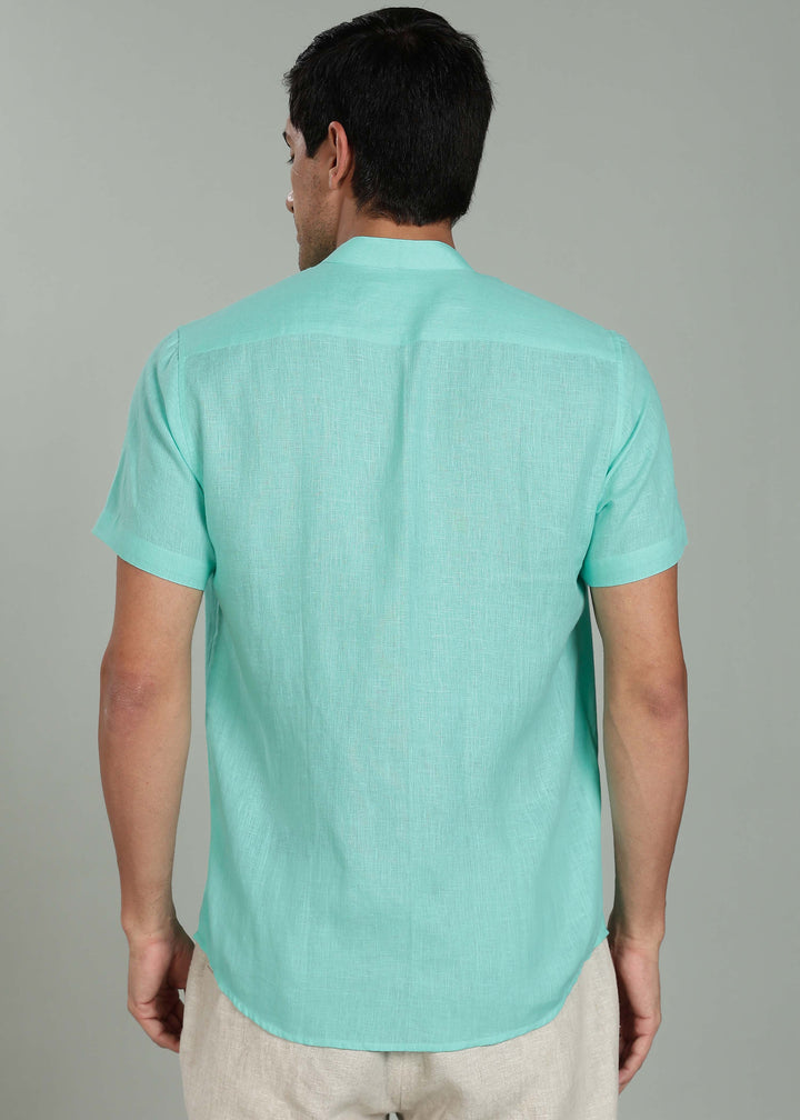 Craig 100% Pure Linen Short Sleeve Shirt in Glacier Green with V Neck Mandarin Collar crafted in 60 LEA