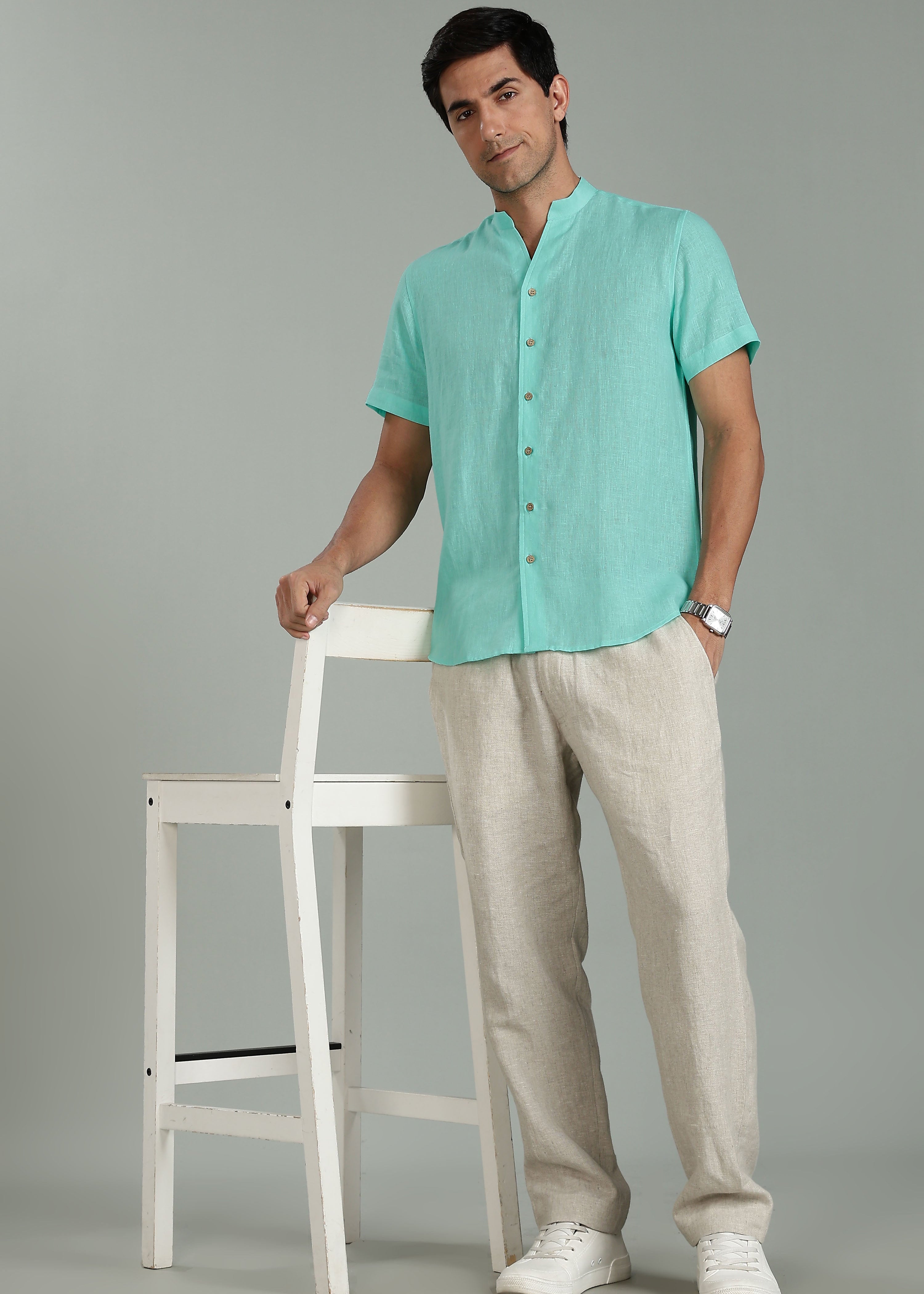 Glacier Green V Neck Mandarin Collar Pure Linen Short Sleeve Shirt