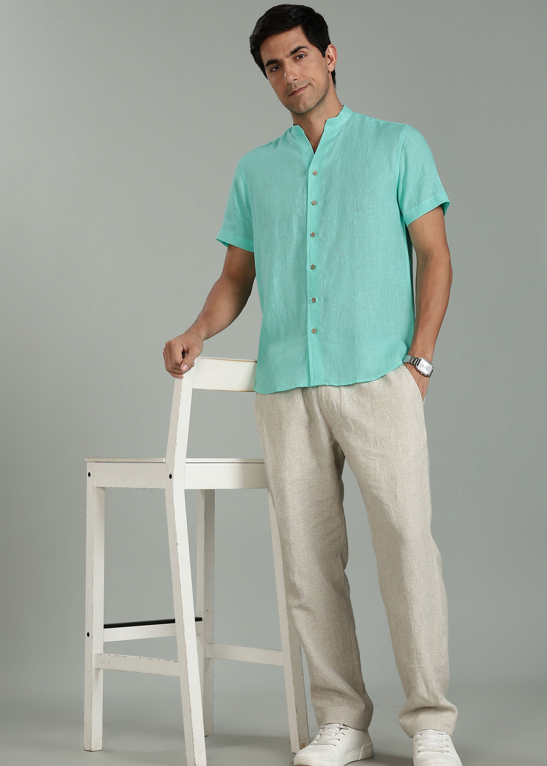 Craig 100% Pure Linen Short Sleeve Shirt in Glacier Green with V Neck Mandarin Collar crafted in 60 LEA