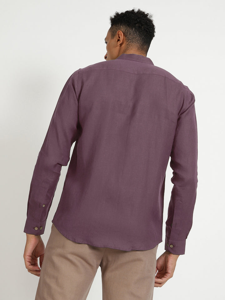 Craig - Pure Linen V Neck Full Sleeve Shirt - Berry Purple