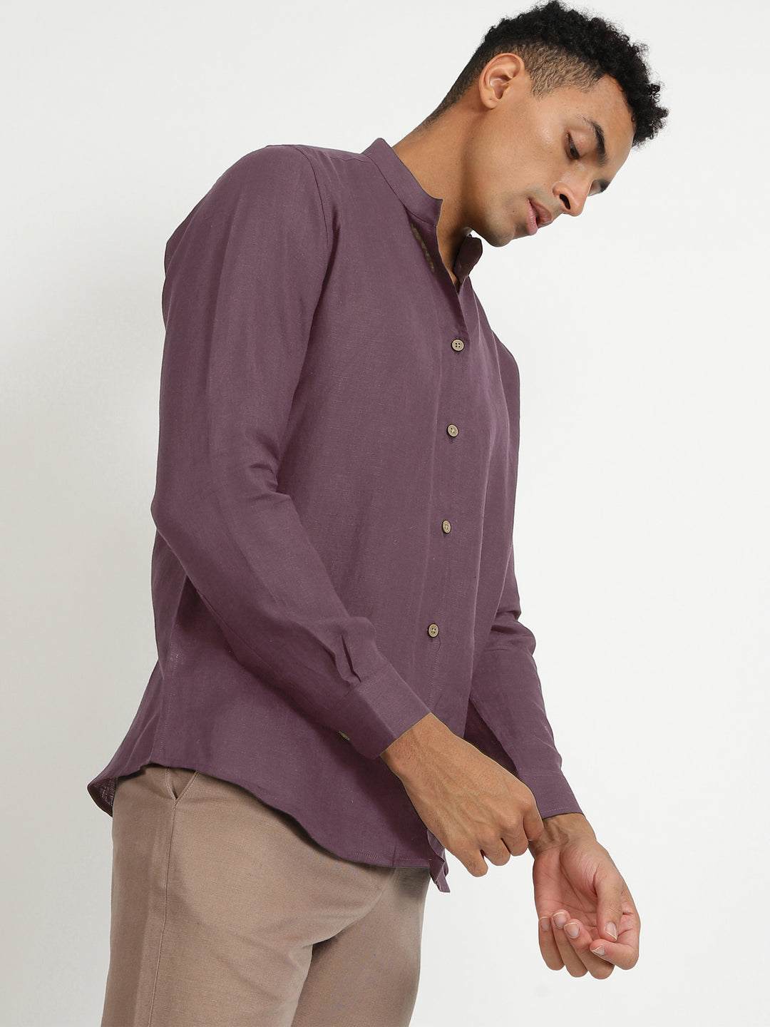 Craig - Pure Linen V Neck Full Sleeve Shirt - Berry Purple