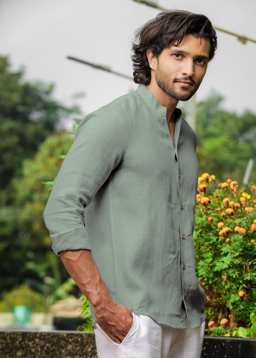 Light Olive Green V Neck Mandarin Collar Pure Linen Full Sleeve Shirt for Men Linen Trail Light Olive Green V Neck Mandarin Collar Pure Linen Full Sleeve Shirt for Men Linen Trail
