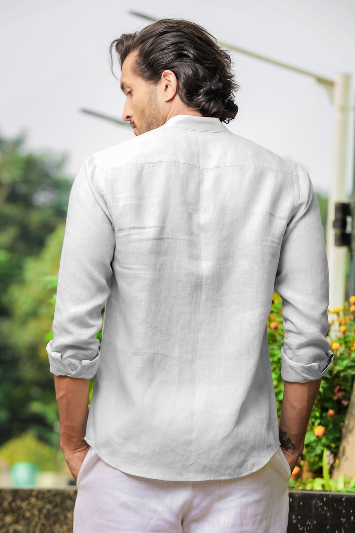 Craig - Pure Linen V Neck Full Sleeve Shirt - Light Grey