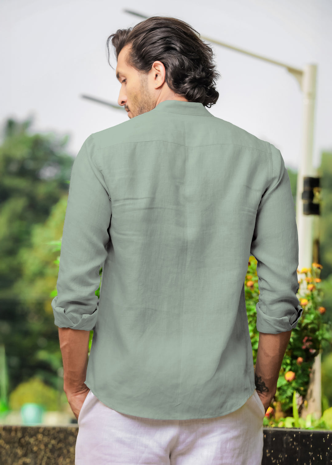 Light Olive Green V Neck Mandarin Collar Pure Linen Full Sleeve Shirt for Men Linen Trail Light Olive Green V Neck Mandarin Collar Pure Linen Full Sleeve Shirt for Men Linen Trail