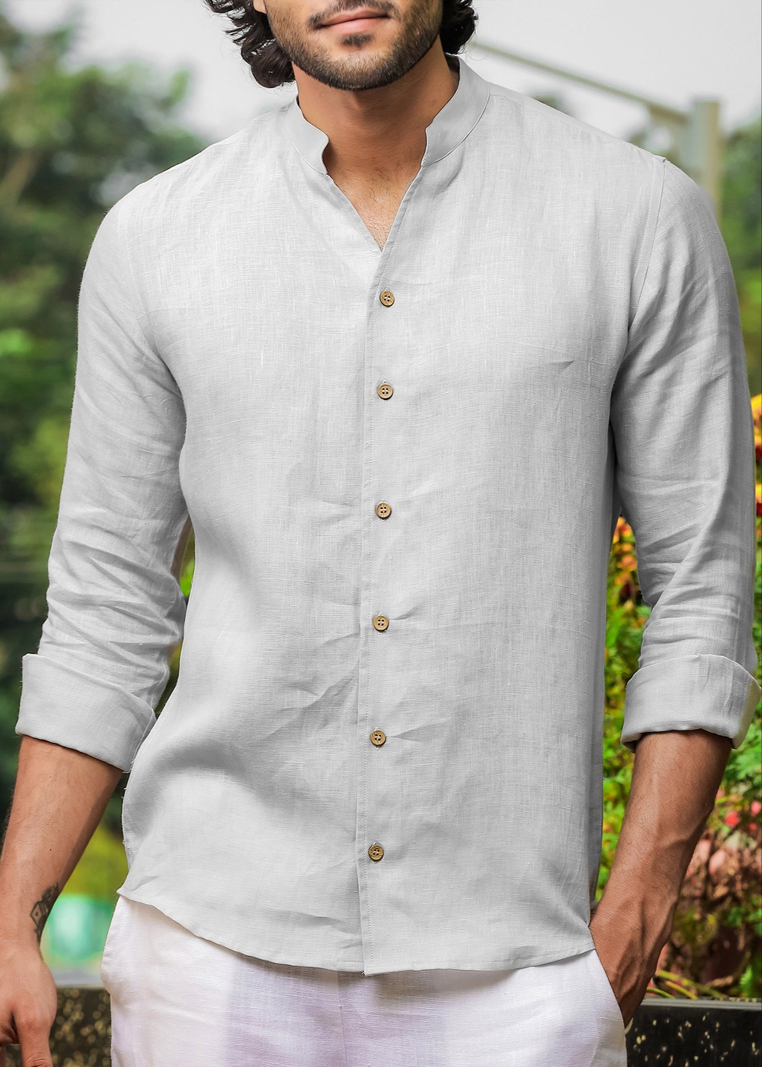 Light Grey V Neck Mandarin Collar Pure Linen Full Sleeve Shirt for