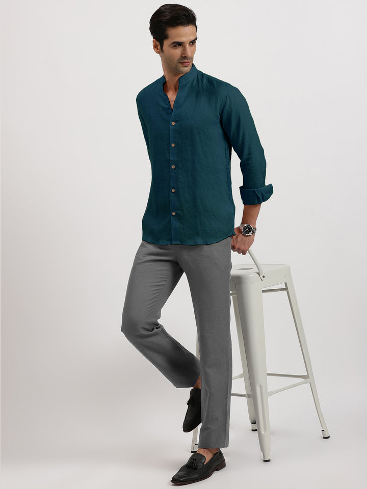 Craig - Pure Linen V Neck Full Sleeve Shirt - Midnight Blue
