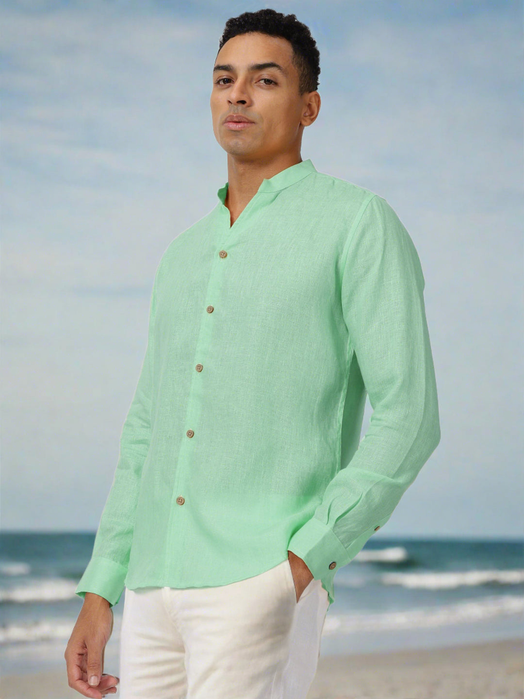 Craig - Pure Linen V Neck Full Sleeve Shirt - Mint Green
