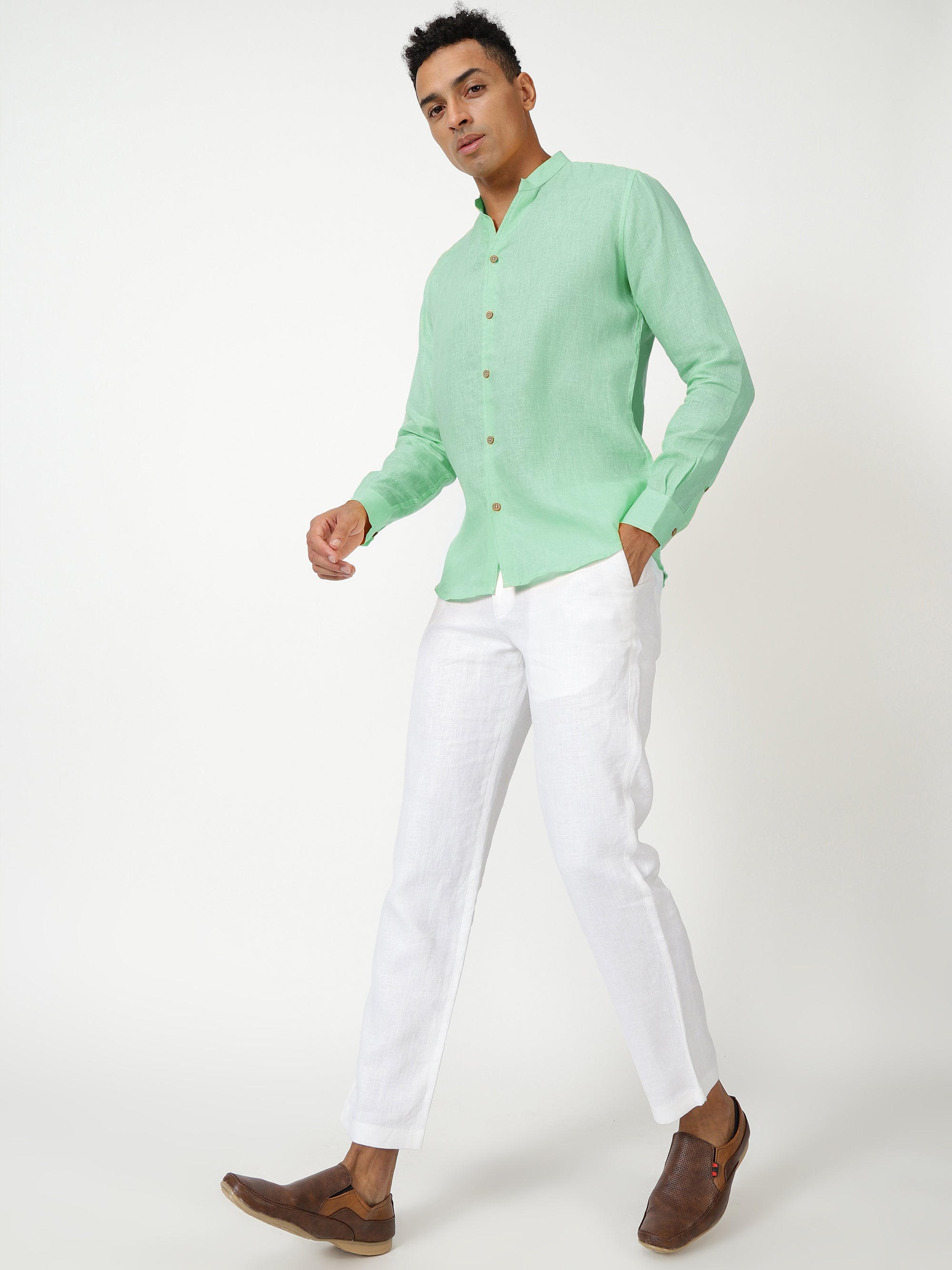 Mint Green V Neck Mandarin Collar Pure Linen Full Sleeve Shirt for Men –  Linen Trail