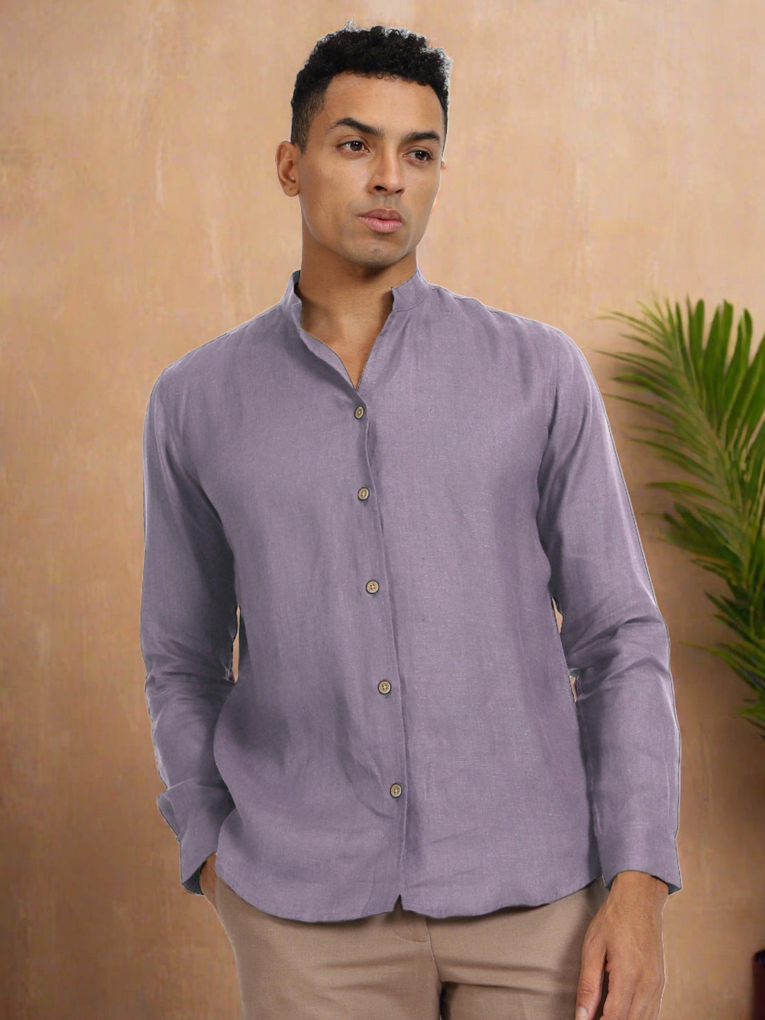 Craig - Pure Linen V Neck Full Sleeve Shirt - Misty Lilac