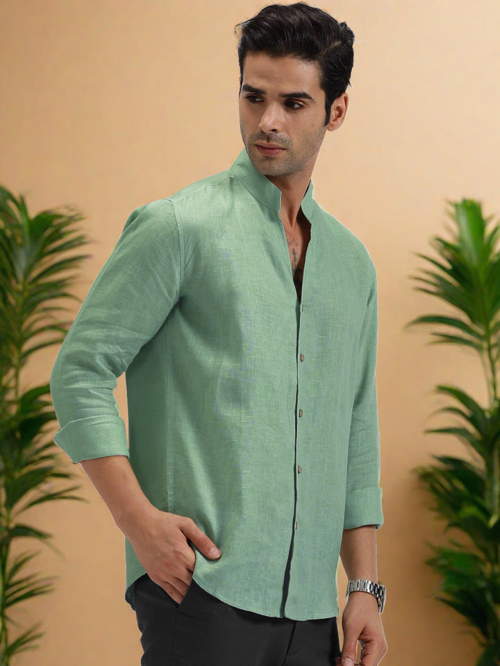 Craig - Pure Linen V Neck Full Sleeve Shirt - Smoke Green